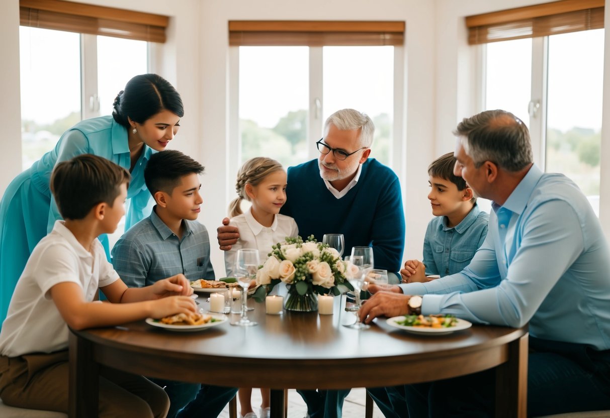 A family gathering around a table, discussing wedding expenses and traditions