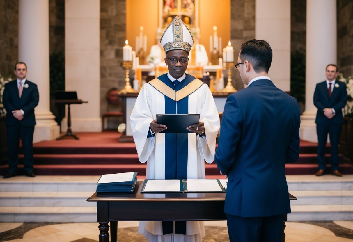 A registrar stands at a desk with official documents, while a celebrant stands in front of an altar with ceremonial items