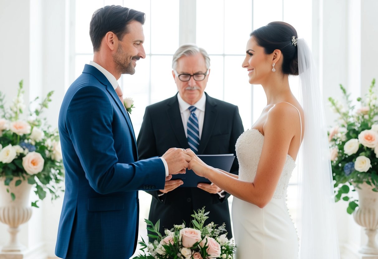 A couple stands before a registrar in a bright, airy room, exchanging vows. The registrar officiates the wedding ceremony, surrounded by flowers and elegant decor