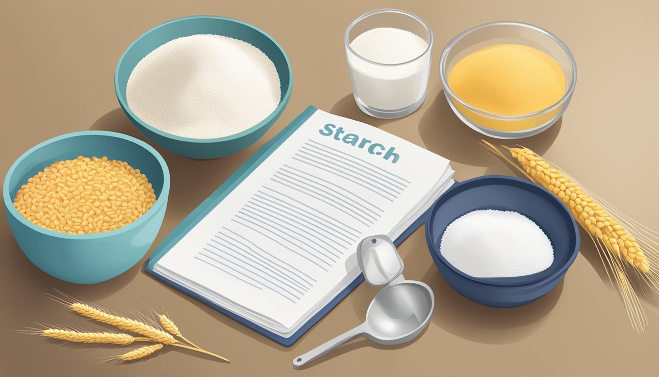 A kitchen counter with a bag of wheat starch next to a bowl of cornstarch, with measuring spoons and a recipe book open to a page about starch substitutions