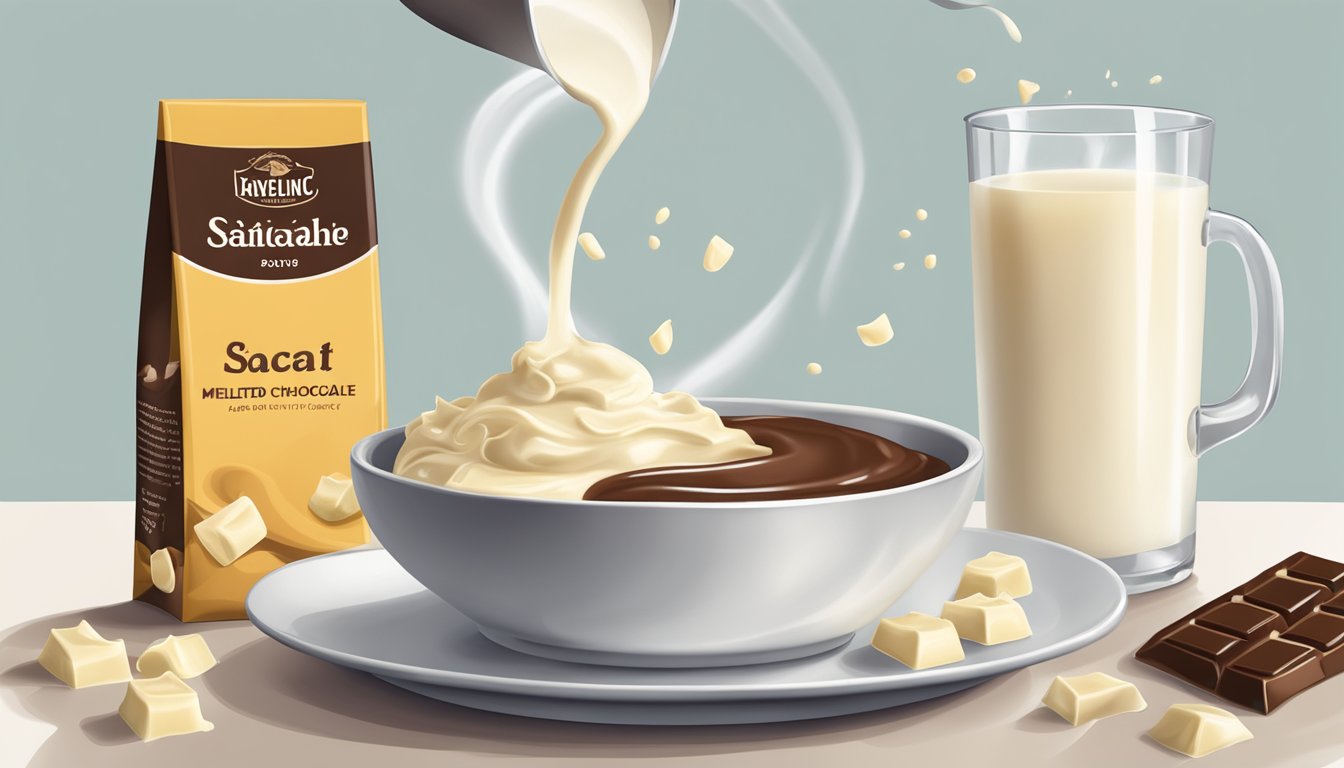 A bowl of melted white chocolate being poured into a recipe, with a bag of milk chocolate sitting nearby as a visual cue for substitution