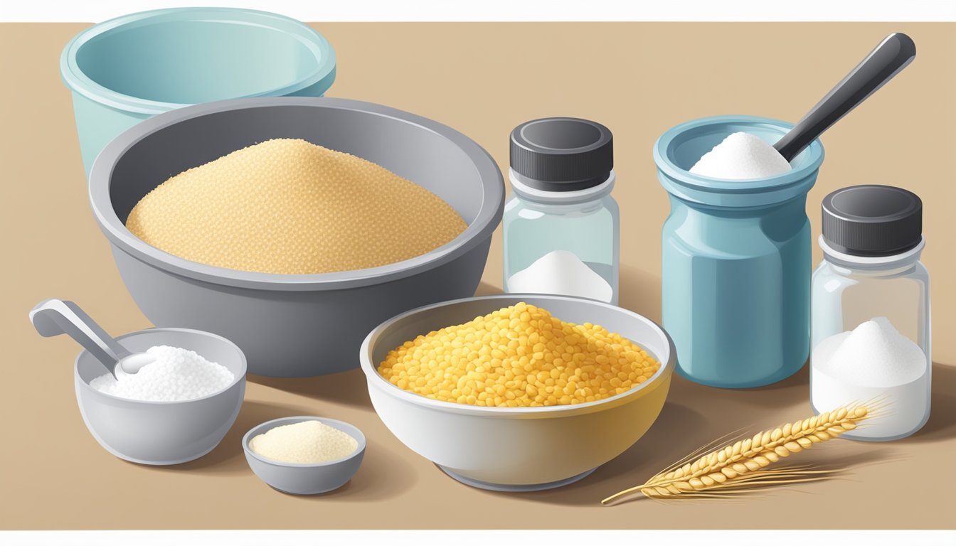 A kitchen counter with various containers of wheat starch and cornstarch, a measuring spoon, and a mixing bowl