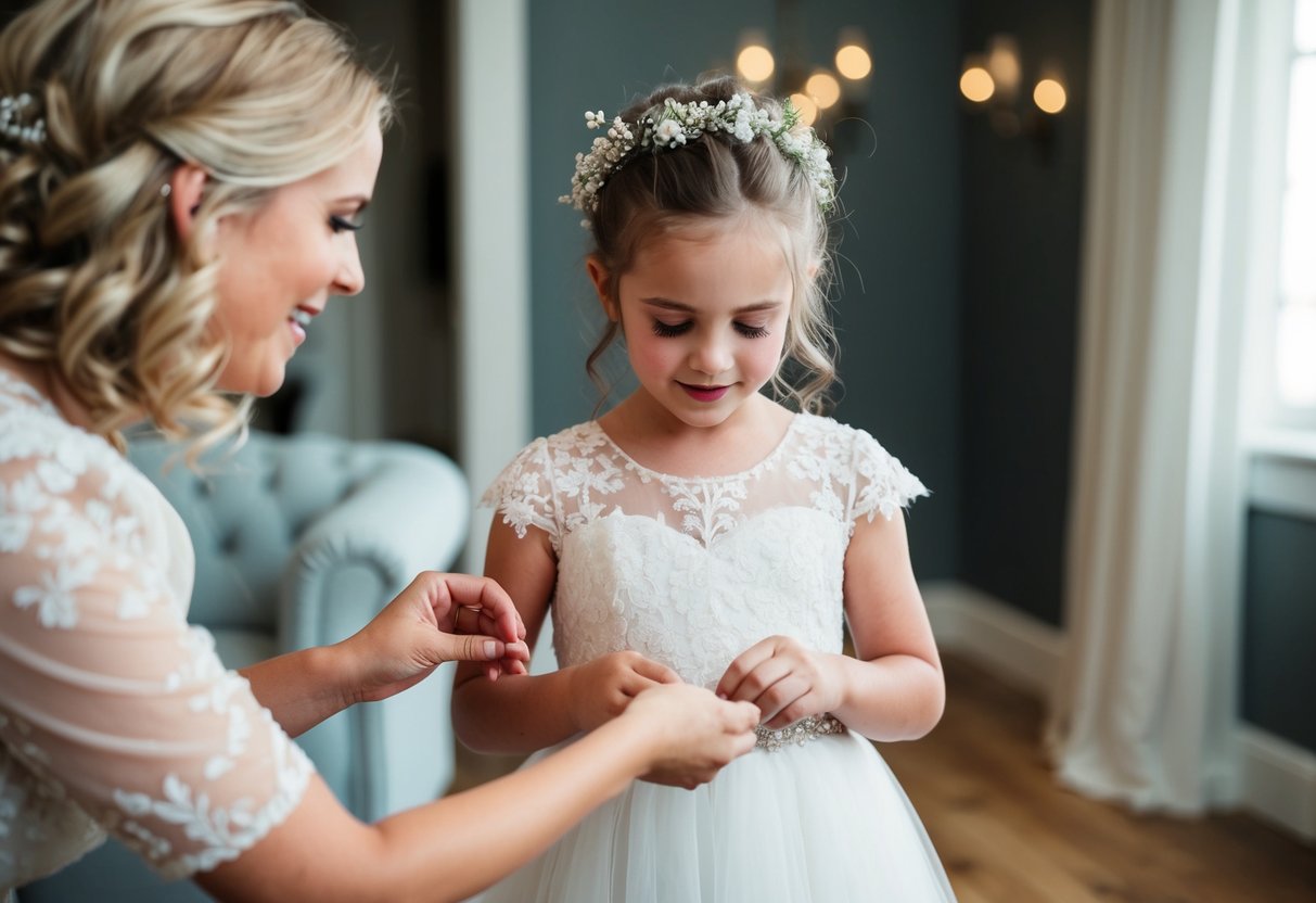 The flower girl helps the bride with her dress and accessories