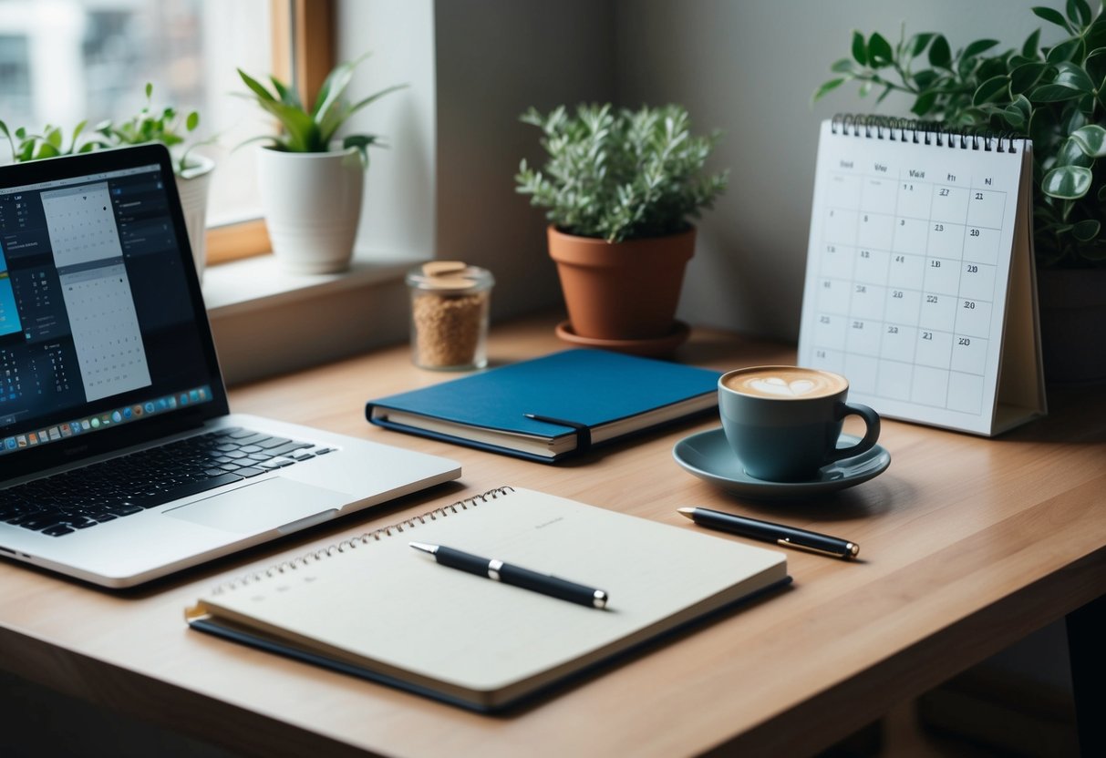 A desk with a laptop, notebook, and calendar. A cozy workspace with natural light and plants. A cup of coffee and a pen