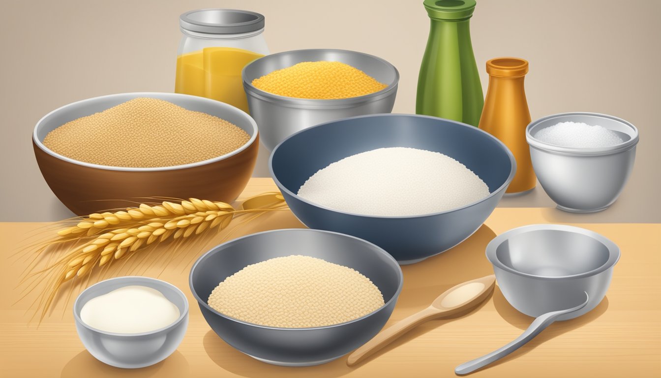 A kitchen counter with bowls of wheat and cornstarch, a measuring spoon, and various cooking utensils