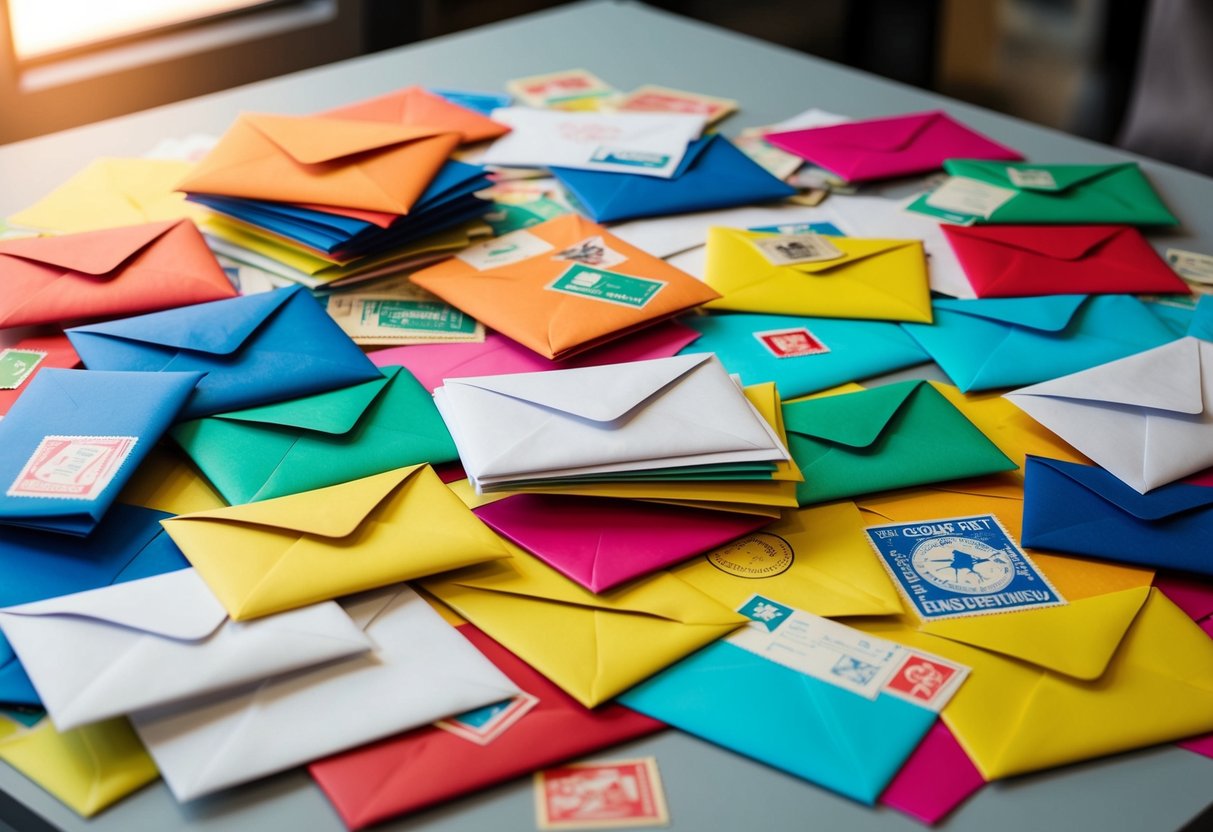 A pile of colorful envelopes scattered on a table, some opened, some closed, with various stamps and postmarks