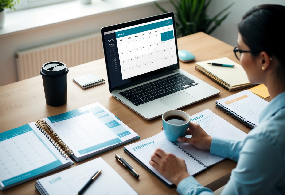 A freelancer at a desk with a calendar, laptop, and planner open, surrounded by notes and a cup of coffee