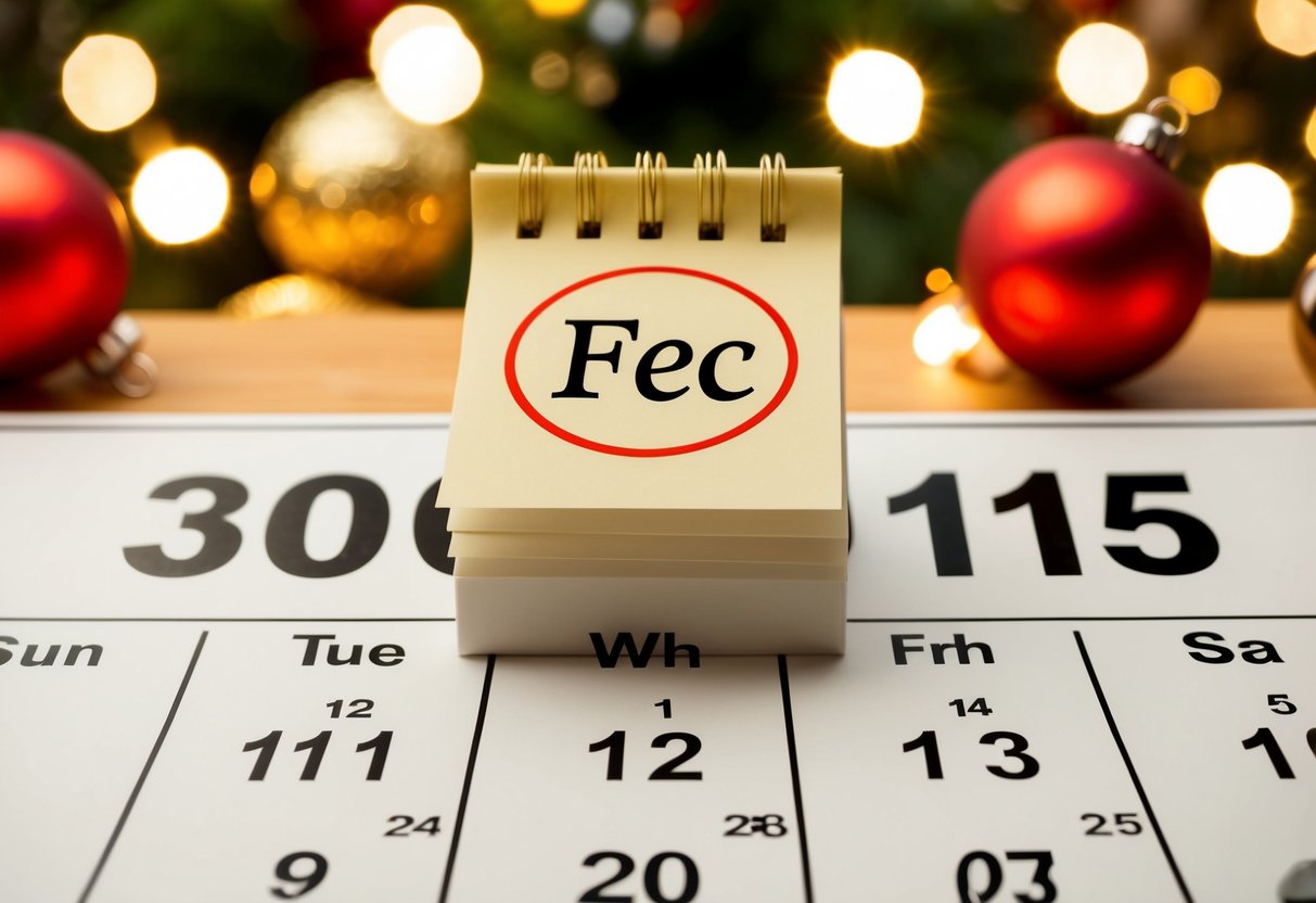 A calendar with a circled date, surrounded by festive decorations and a reminder note