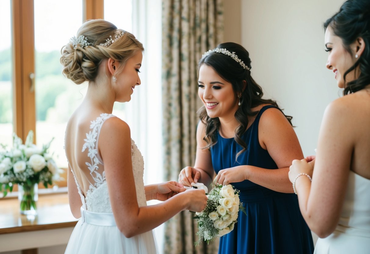 The flower girl helps with final preparations as the bride gets ready for the ceremony