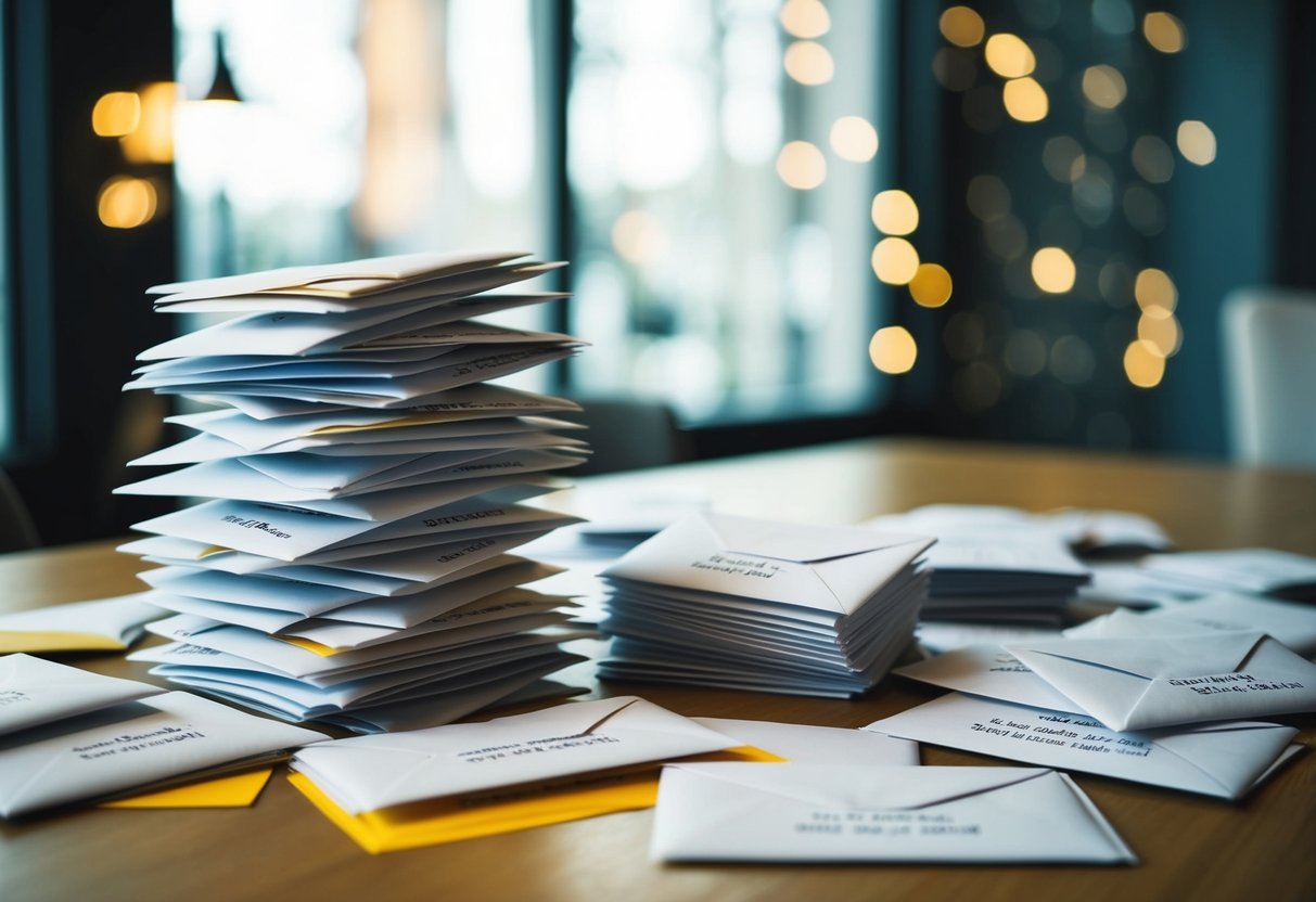 A stack of envelopes, some open, some sealed, with various names and addresses, scattered on a table