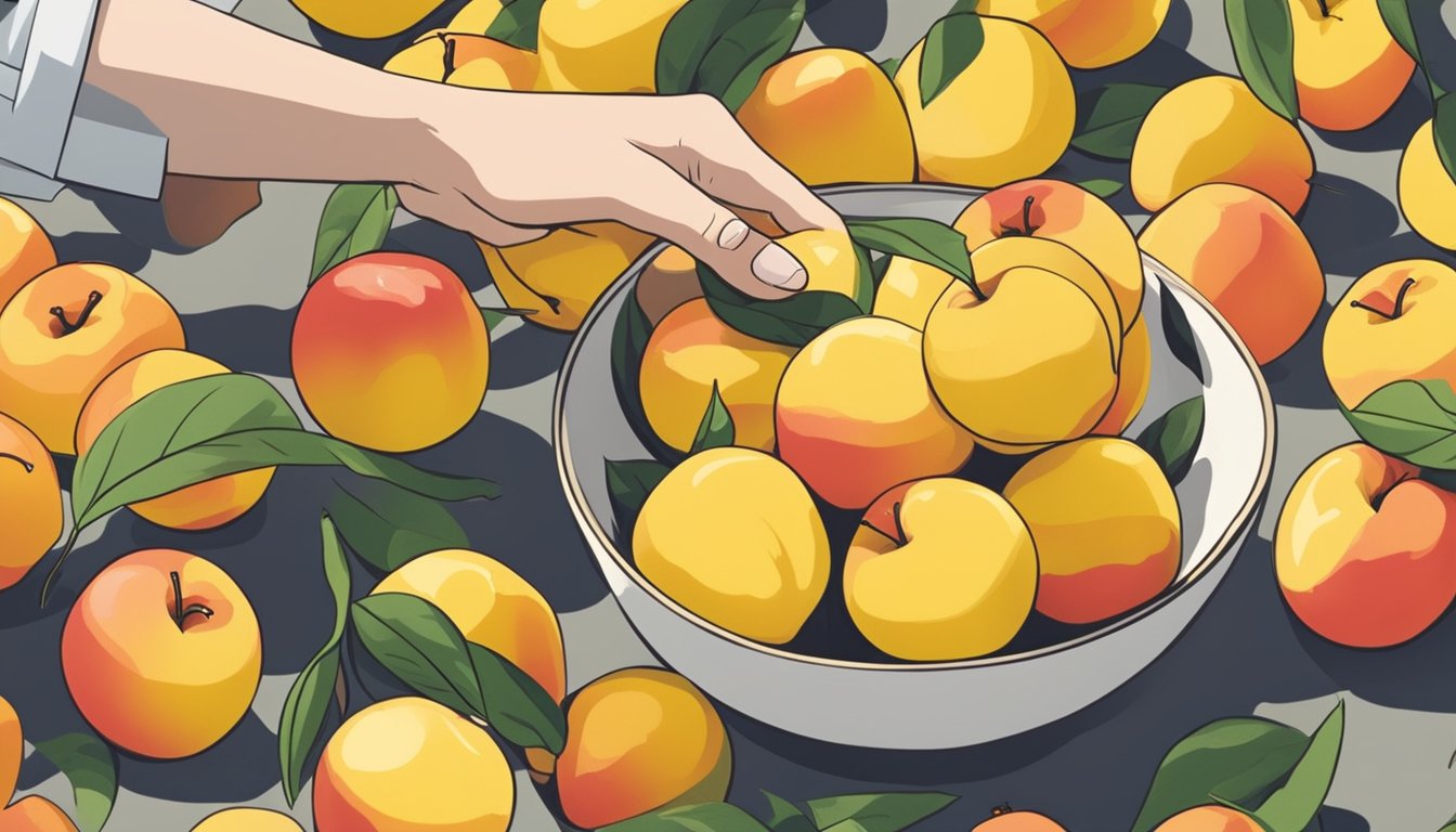 A bowl of ripe white nectarines next to a pile of yellow nectarines, with a hand reaching for one