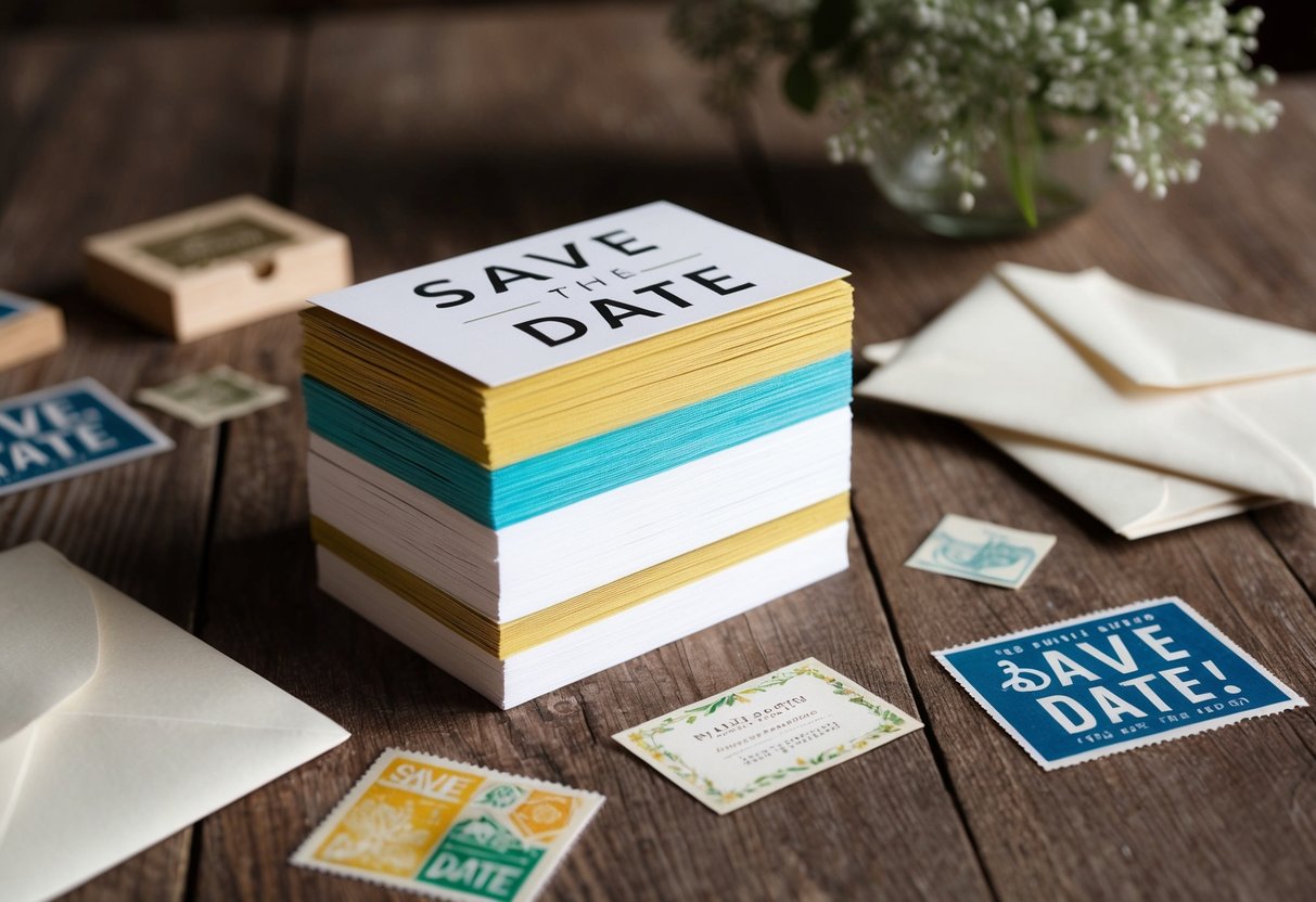 A stack of colorful save the date cards on a rustic wooden table, surrounded by envelopes and stamps