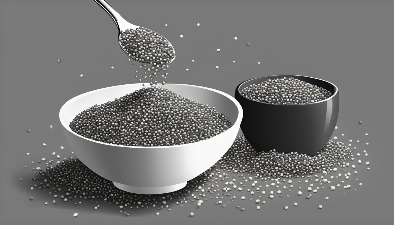 A bowl of chia seeds, with a spoonful of white seeds being poured in to replace the black seeds