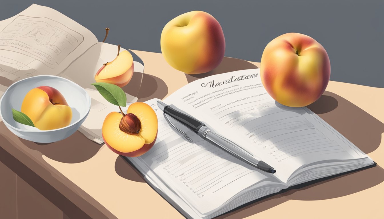 A kitchen counter with a bowl of white nectarines next to a recipe book open to a page about substituting yellow nectarines