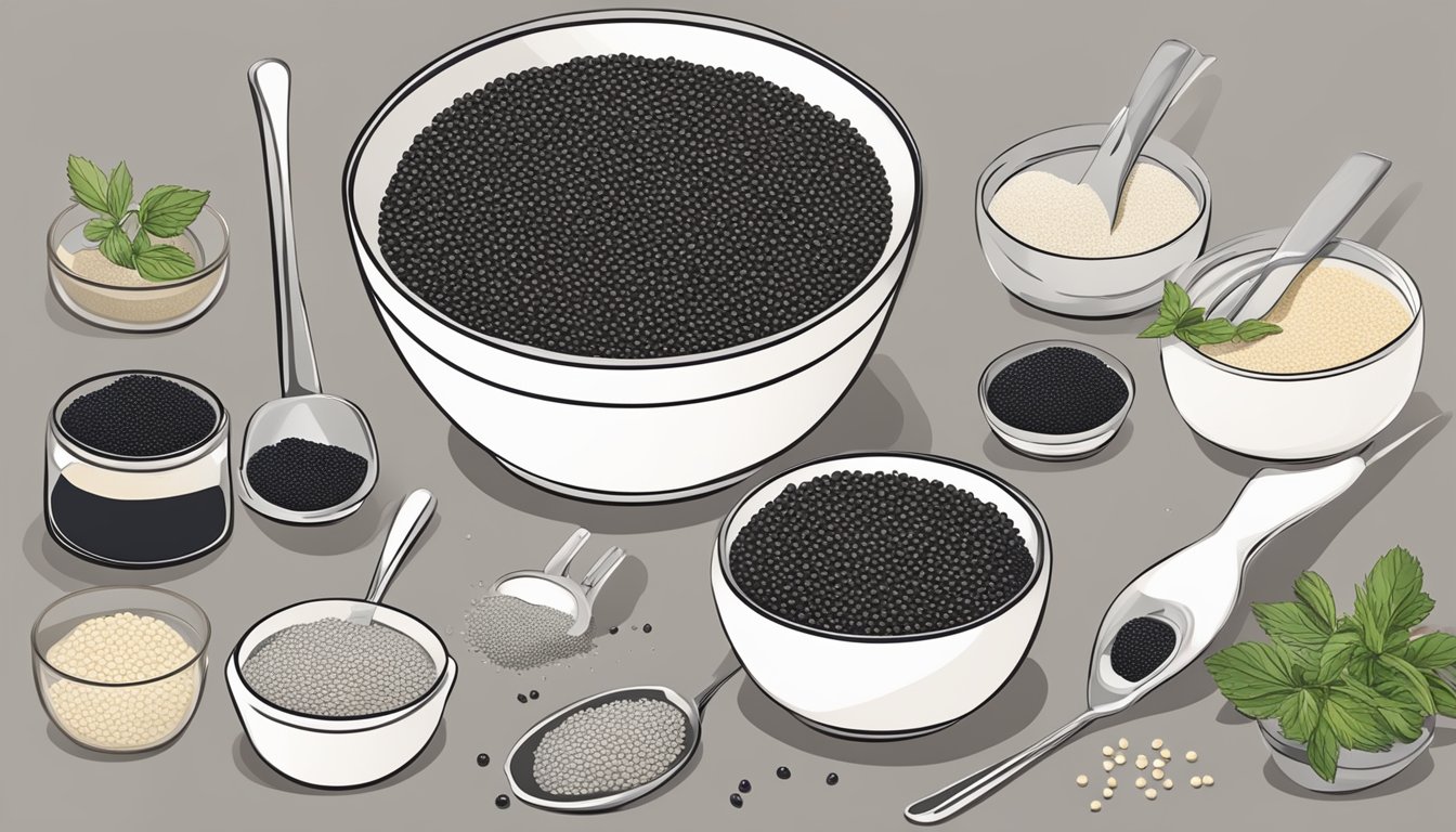 A kitchen counter with a bowl of white chia seeds next to a bowl of black chia seeds, with various recipe ingredients and utensils scattered around