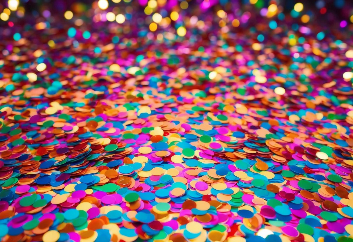 Colorful confetti scattered across a festive table for 50 guests