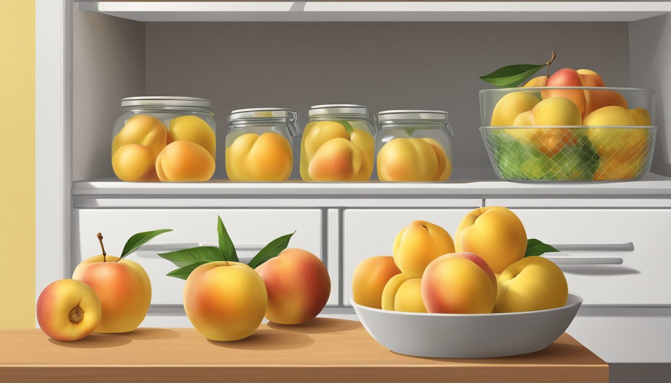 A bowl of ripe white nectarines next to a stack of yellow nectarines, with a refrigerator in the background for storage