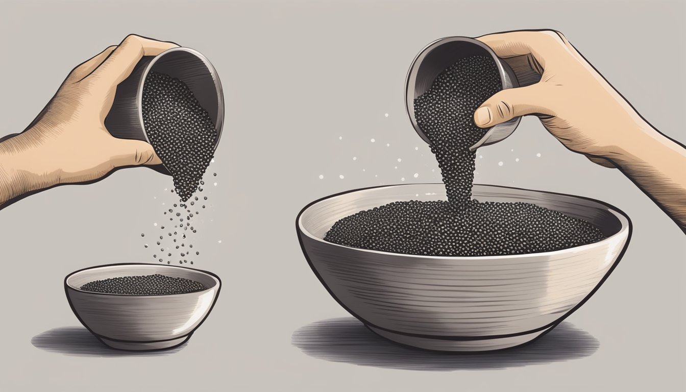 A hand pouring white chia seeds from a bag into a bowl previously filled with black chia seeds