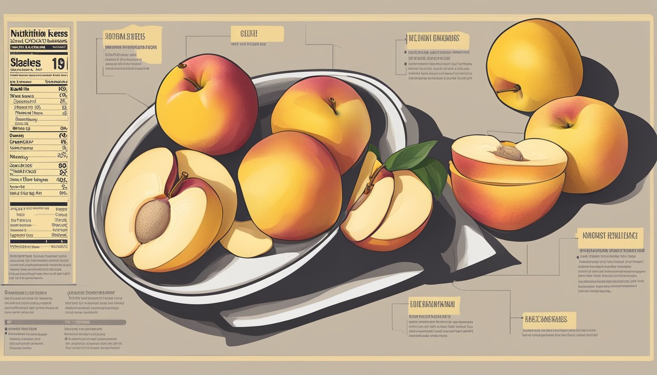 A bowl of sliced white nectarines arranged next to a bowl of yellow nectarines, with a nutrition label and a list of health benefits displayed nearby