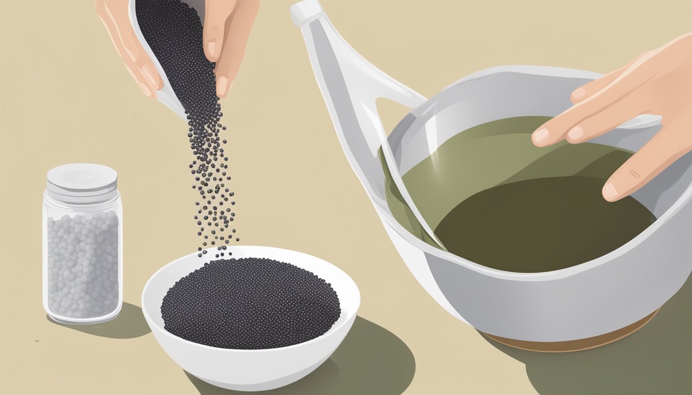 A hand pouring white chia seeds from a bag into a bowl, with a bag of black chia seeds next to it