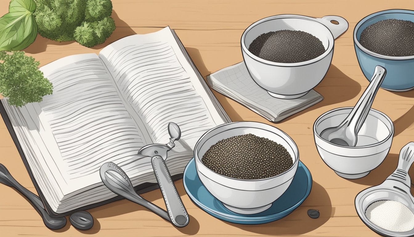 A kitchen counter with two small bowls of chia seeds, one white and one black, along with various measuring spoons and a recipe book open to a page about substitution tips