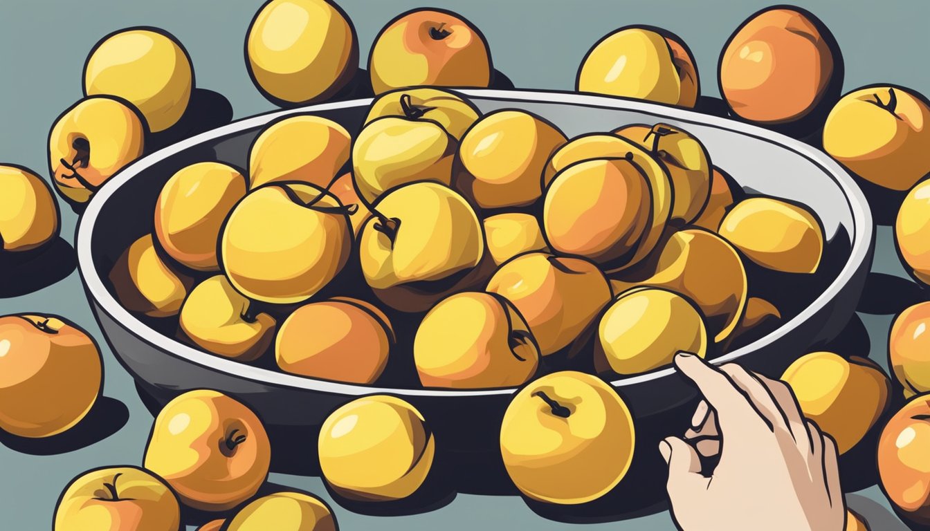 A bowl of ripe white nectarines sits next to a pile of yellow nectarines, with a hand reaching for one of each, ready for substitution