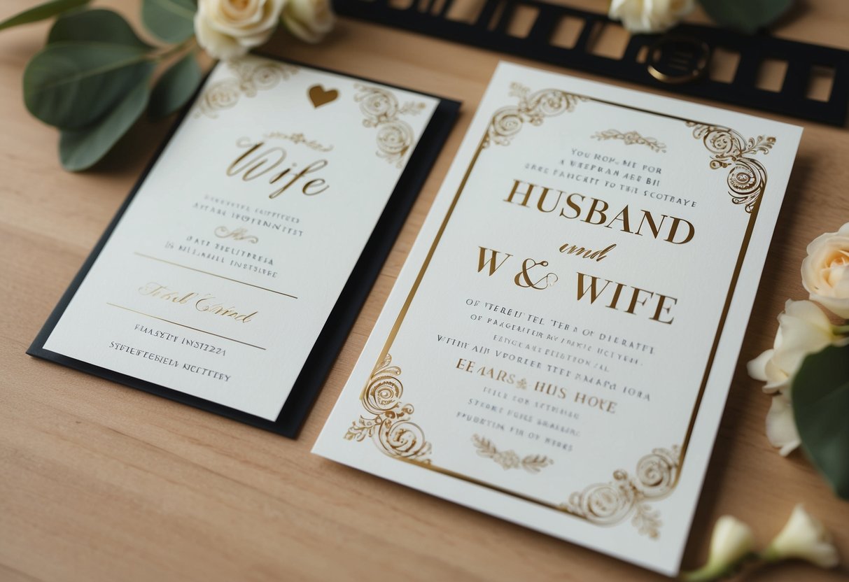 A wedding invitation design with elegant typography and decorative elements, featuring space for the names of the husband and wife
