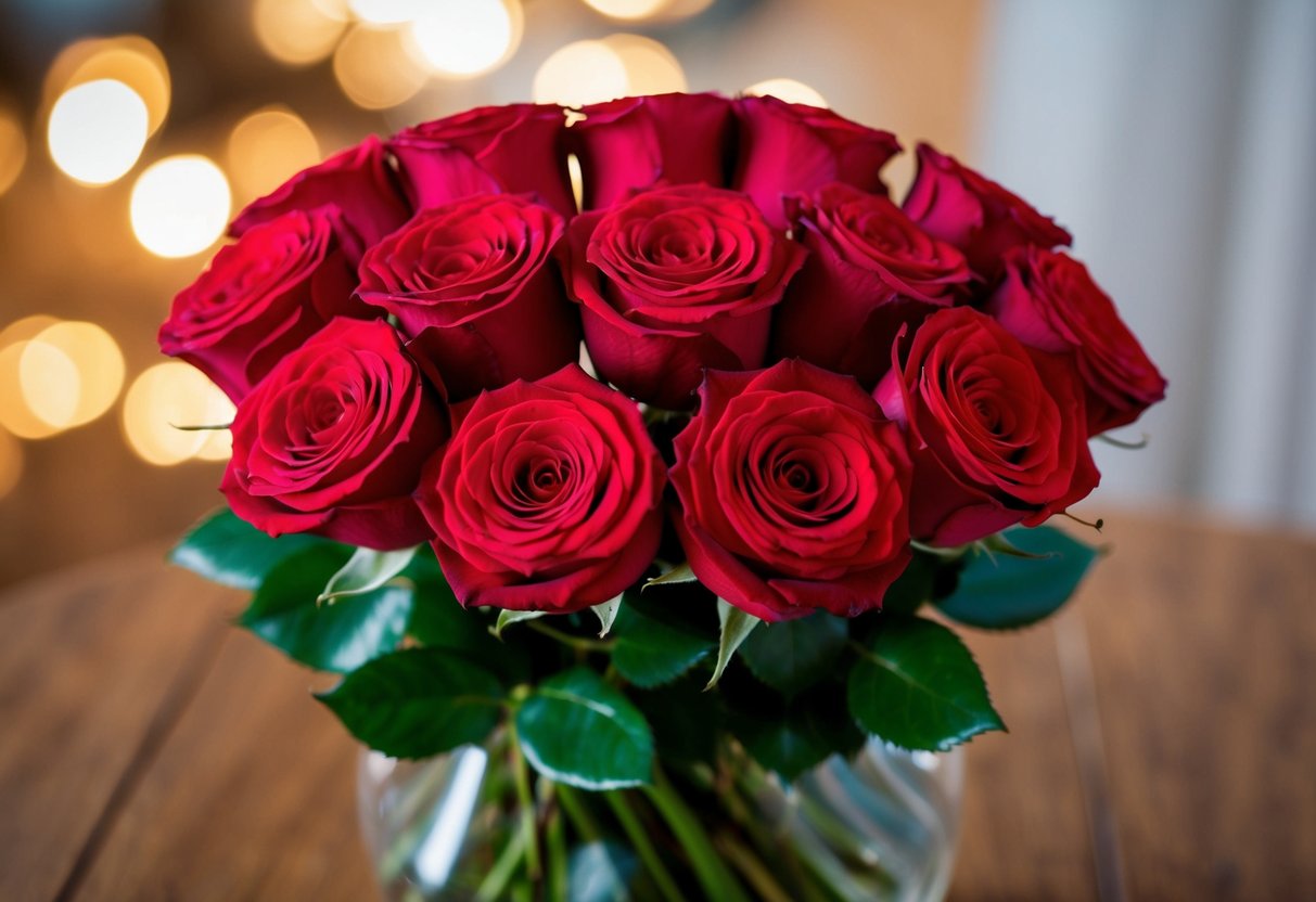 A dozen red roses arranged in a bouquet, symbolizing love and affection
