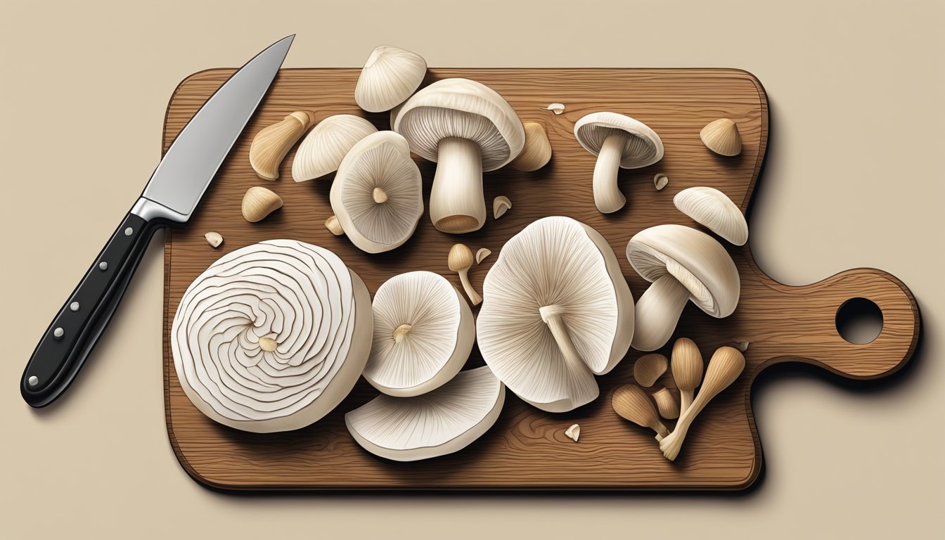 Sliced white and cremini mushrooms arranged on a cutting board, with a chef's knife beside them