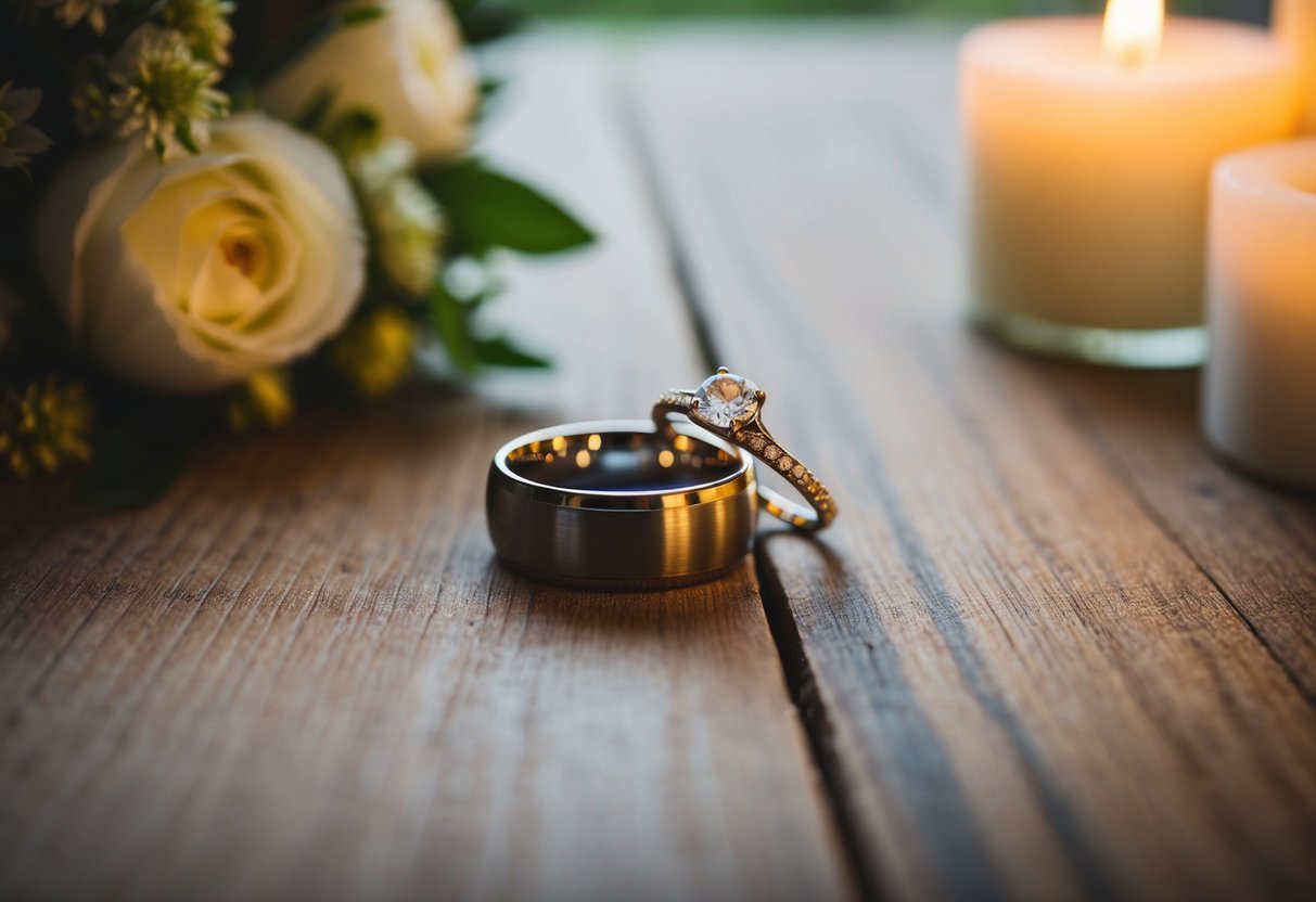 A couple's wedding rings resting on a wooden surface, surrounded by soft candlelight and a bouquet of fresh flowers