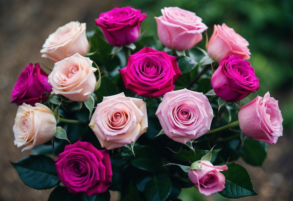 A dozen roses in a bouquet, each a different shade of pink, arranged in a circular pattern with green leaves and thorns