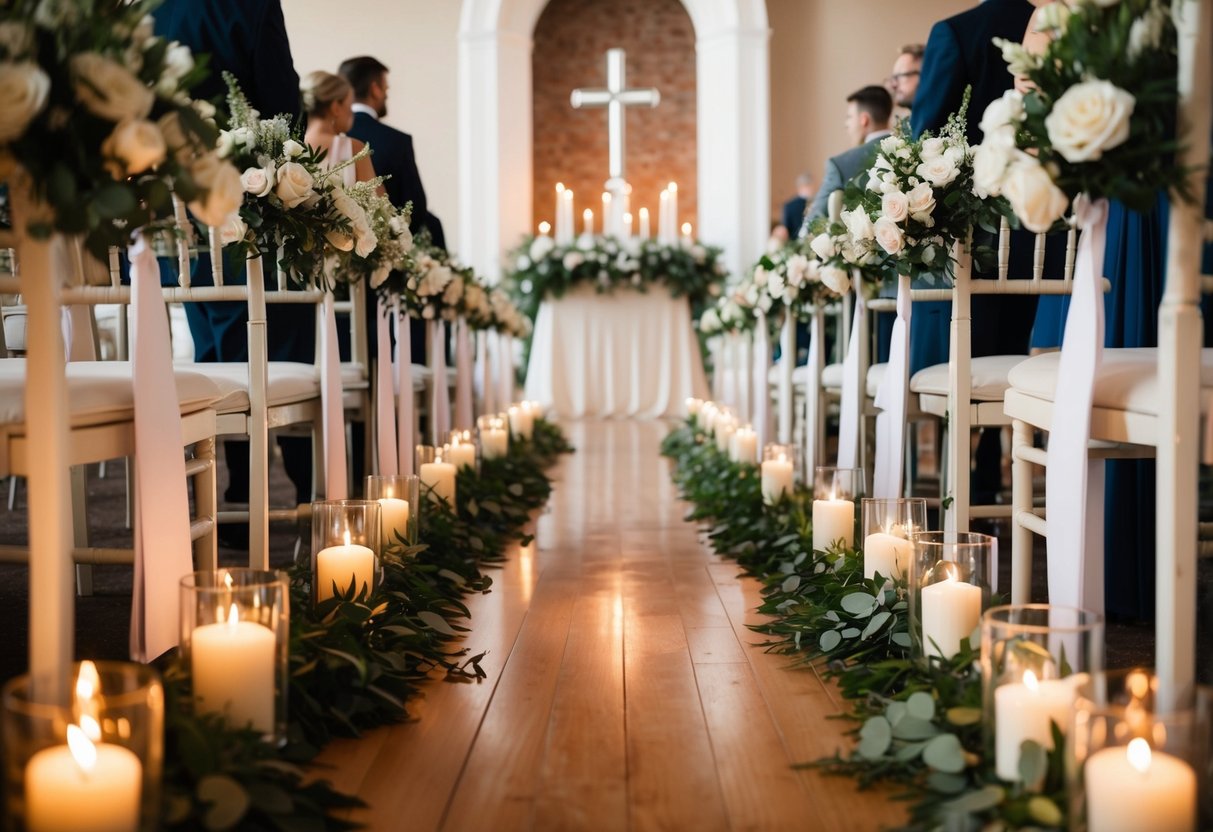 The aisle lined with flowers and candles, leading to the altar