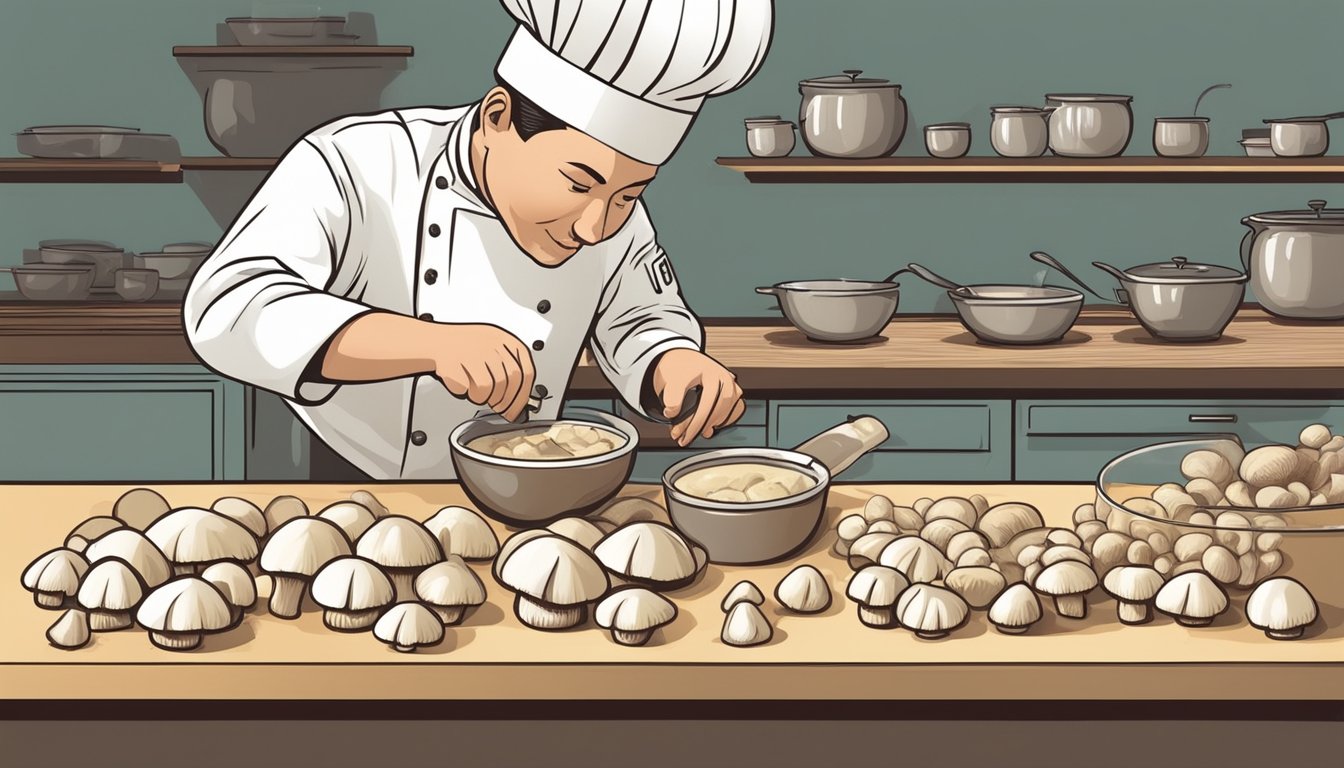 A chef swapping white mushrooms for cremini in a recipe, carefully measuring and considering the substitution ratios