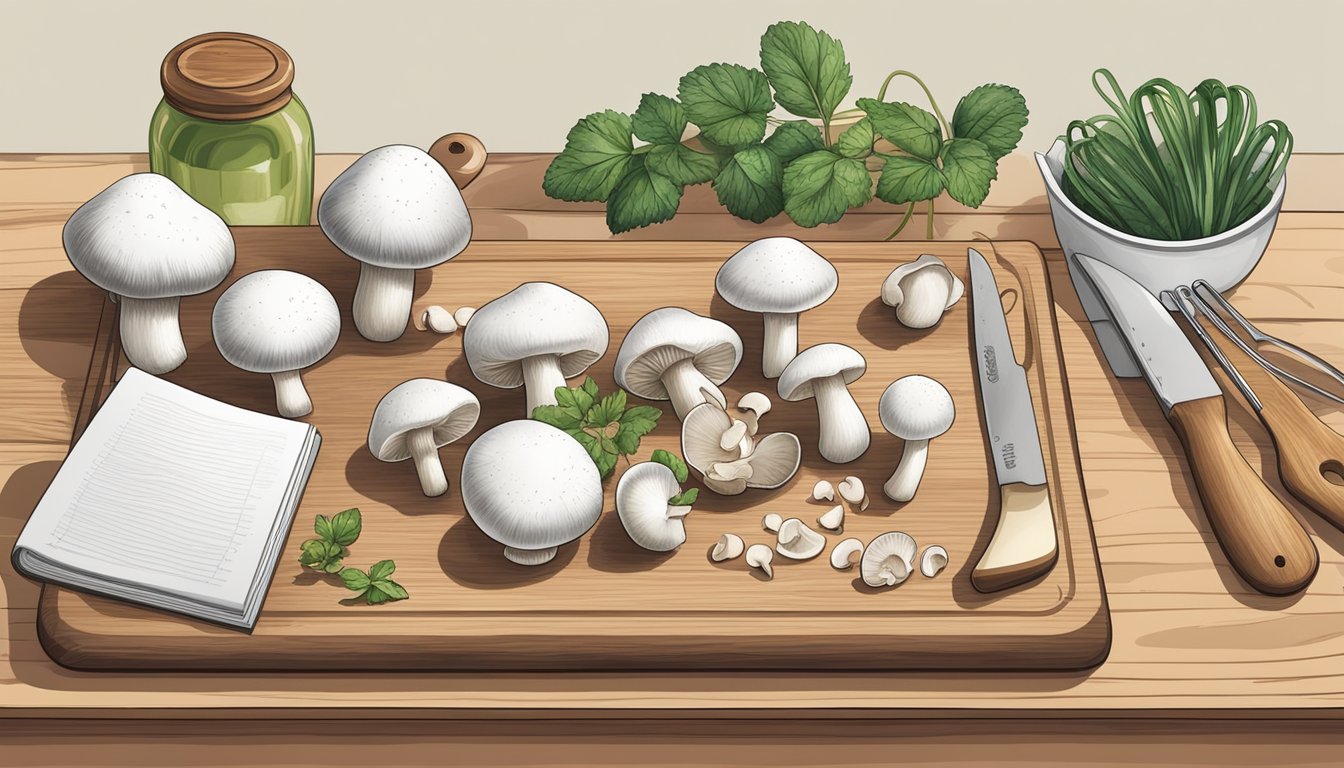 A cutting board with white mushrooms replacing cremini mushrooms, alongside a recipe book and various kitchen utensils