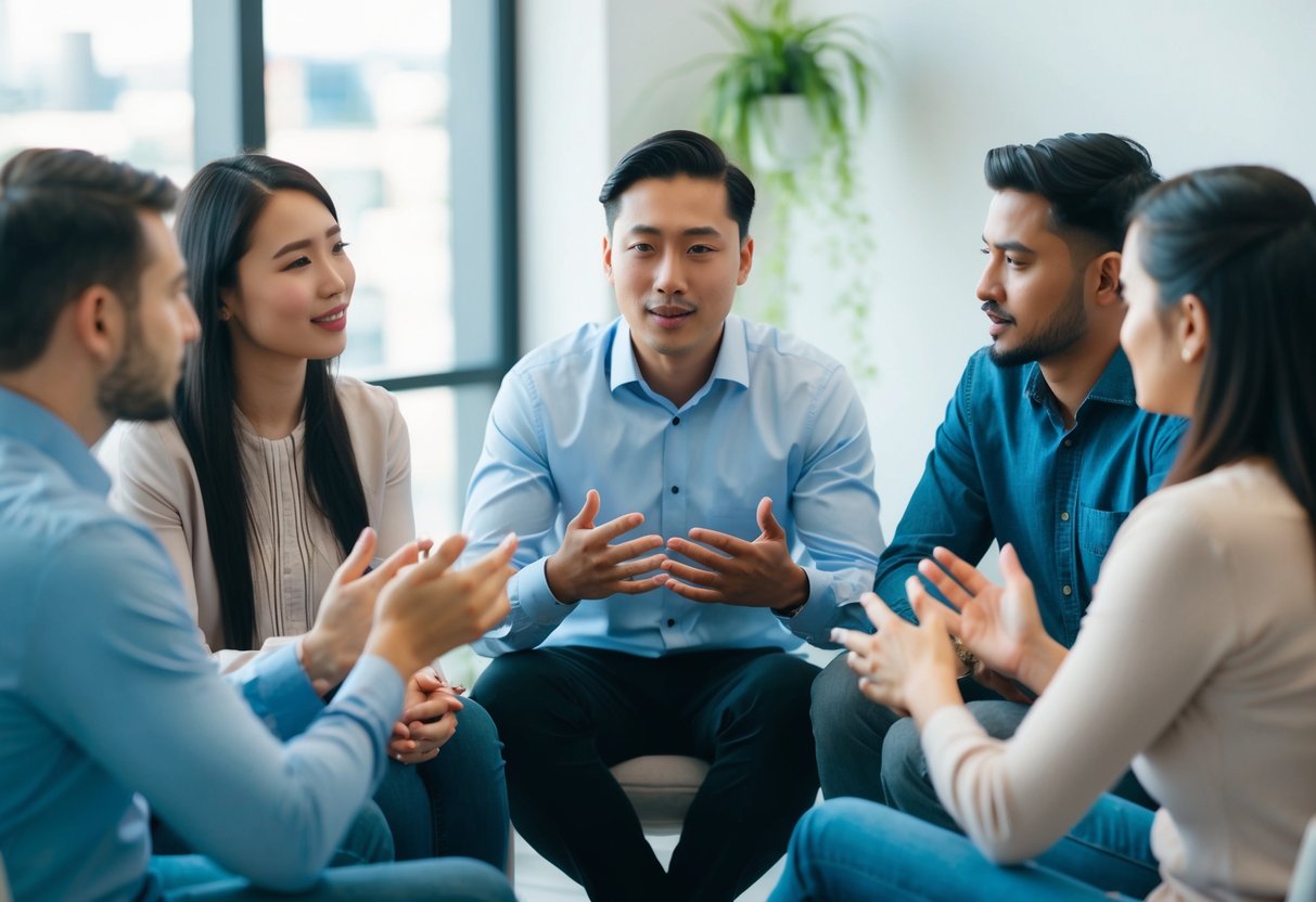 A group of people sitting in a circle, engaged in deep conversation, with thoughtful expressions and gestures indicating a discussion about marriage readiness