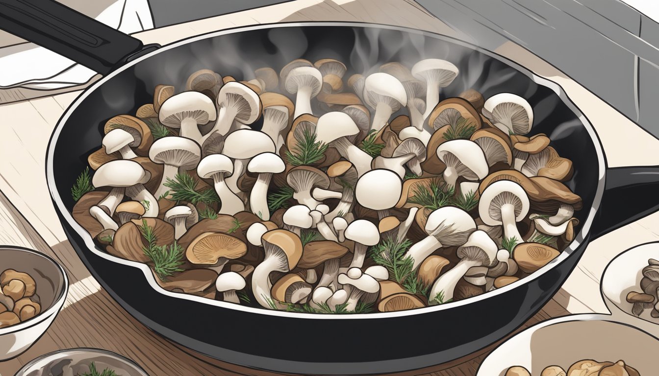 Sliced cremini mushrooms being swapped for white mushrooms in a sizzling skillet