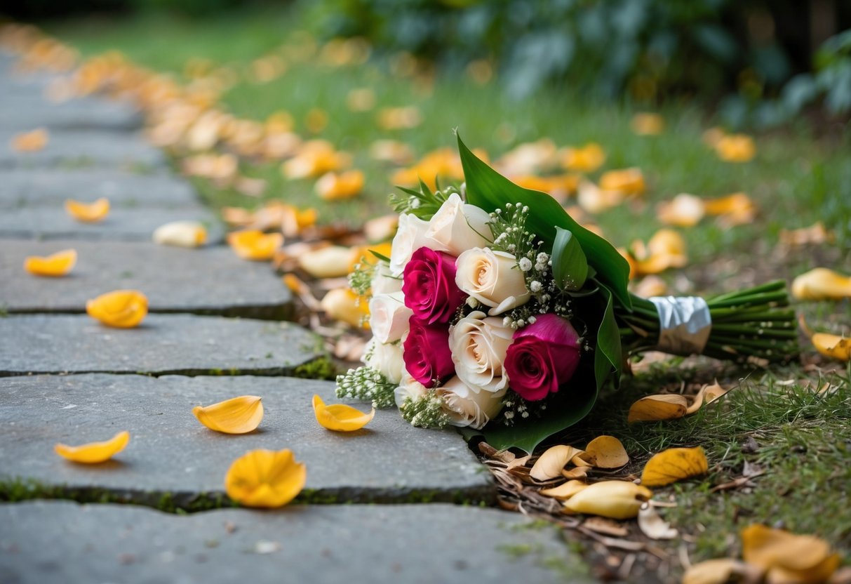 A bouquet lies abandoned on a stone path, surrounded by fallen petals and leaves
