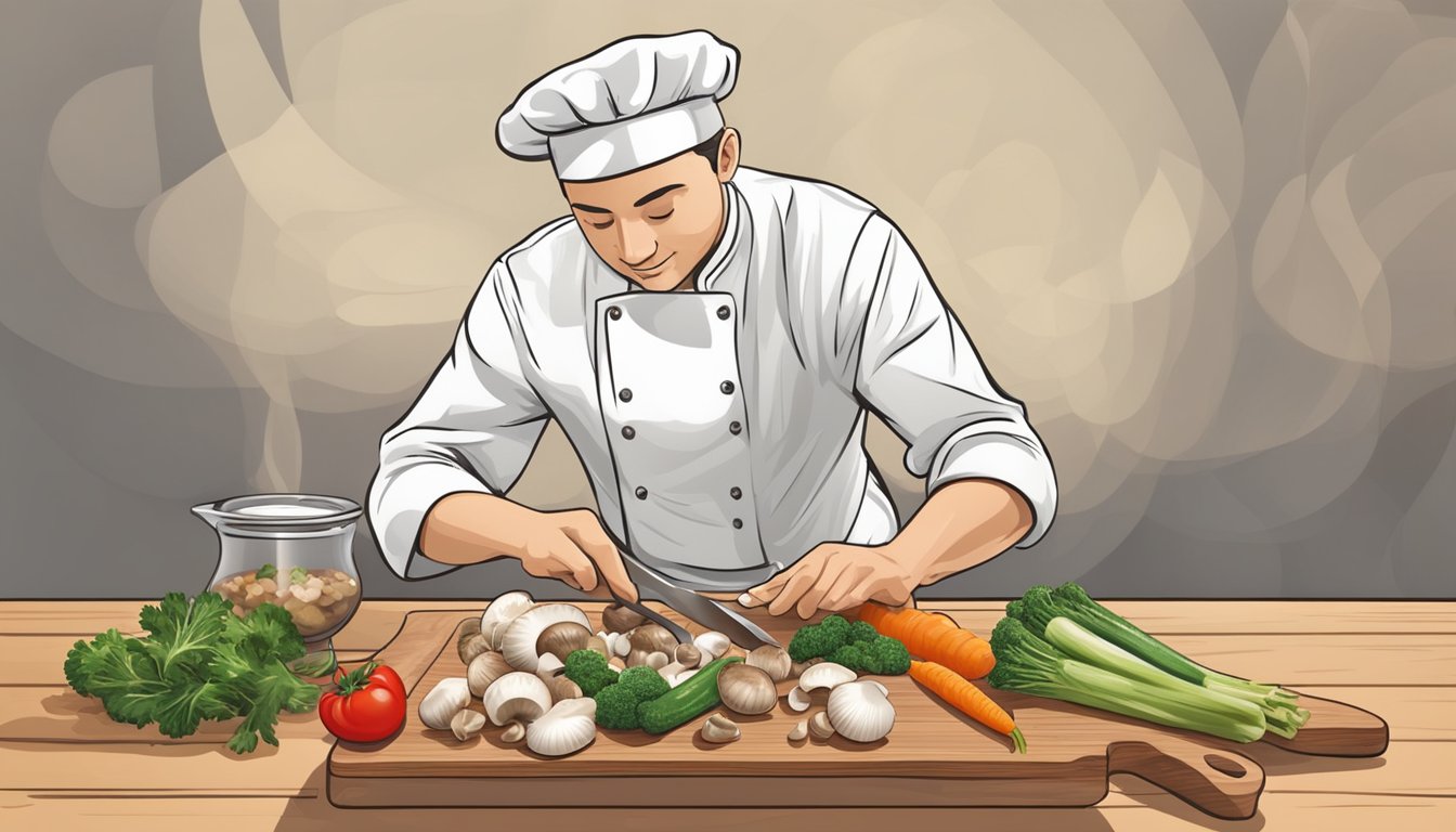 A chef swapping white mushrooms for cremini in a stir-fry, with various fresh vegetables and seasonings on a wooden cutting board