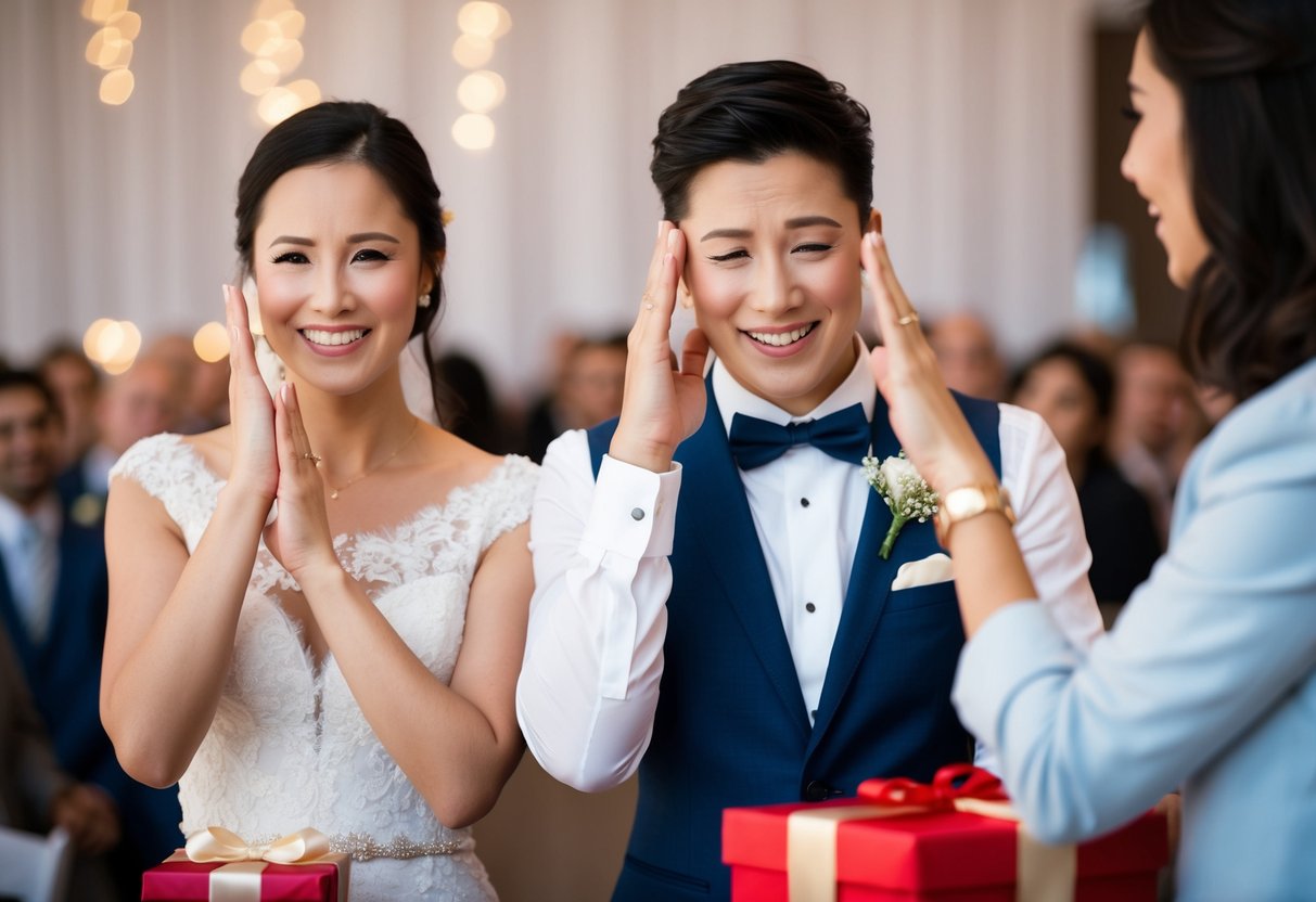A couple gestures with open hands, shaking their heads, as they decline gifts at a wedding