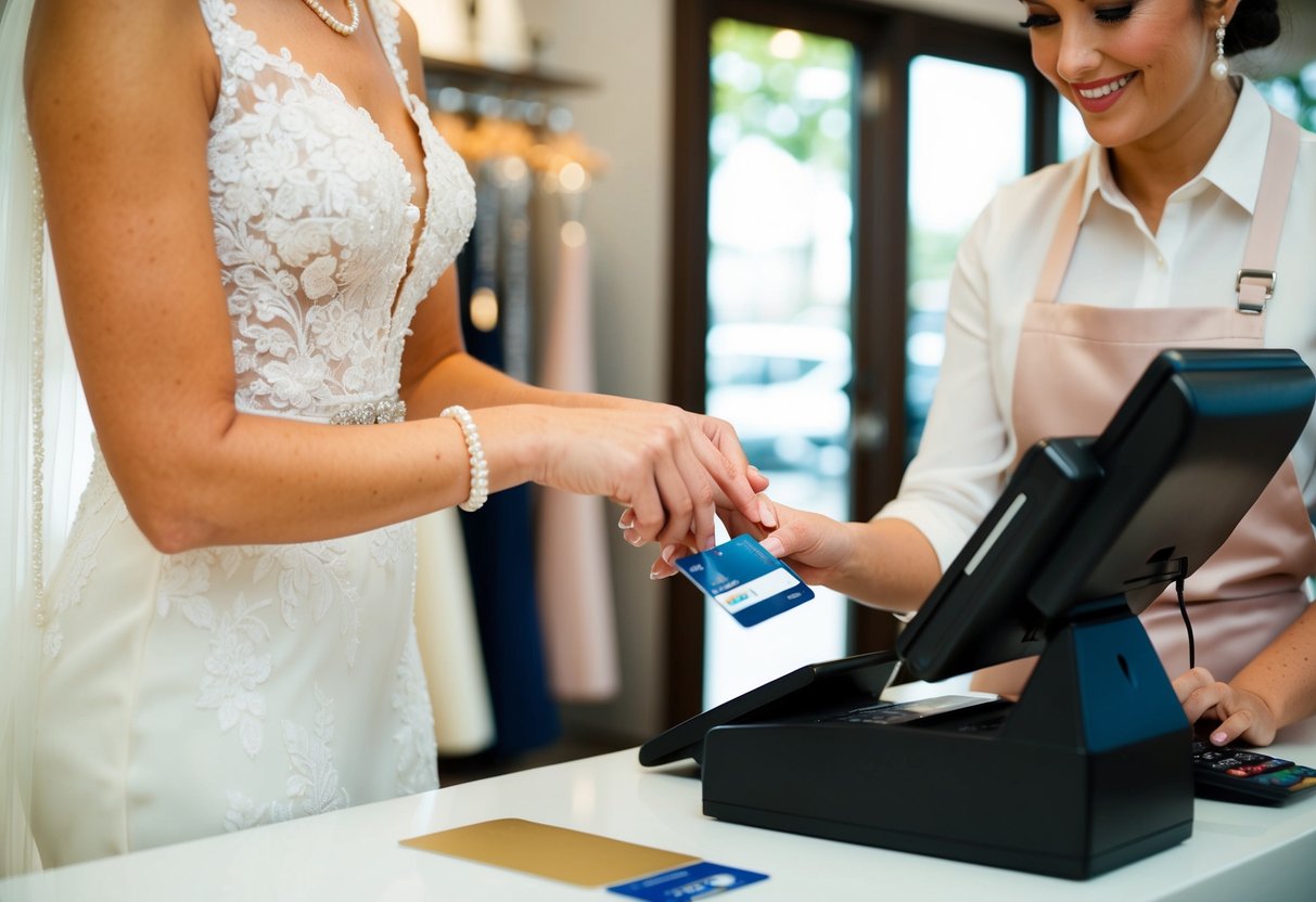 The bride hands over a credit card to the cashier at a wedding boutique, while the salesperson rings up the total on the register