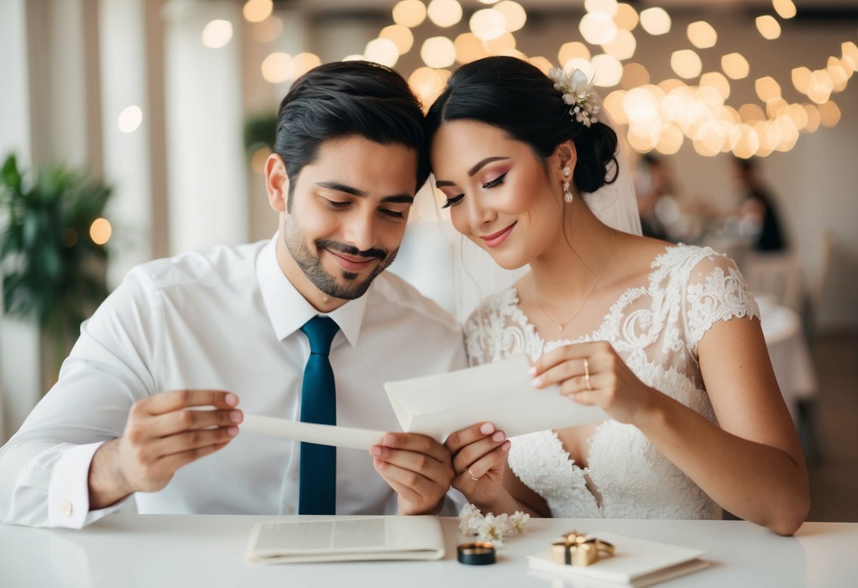 A couple politely declining wedding registry items, expressing gratitude for well wishes
