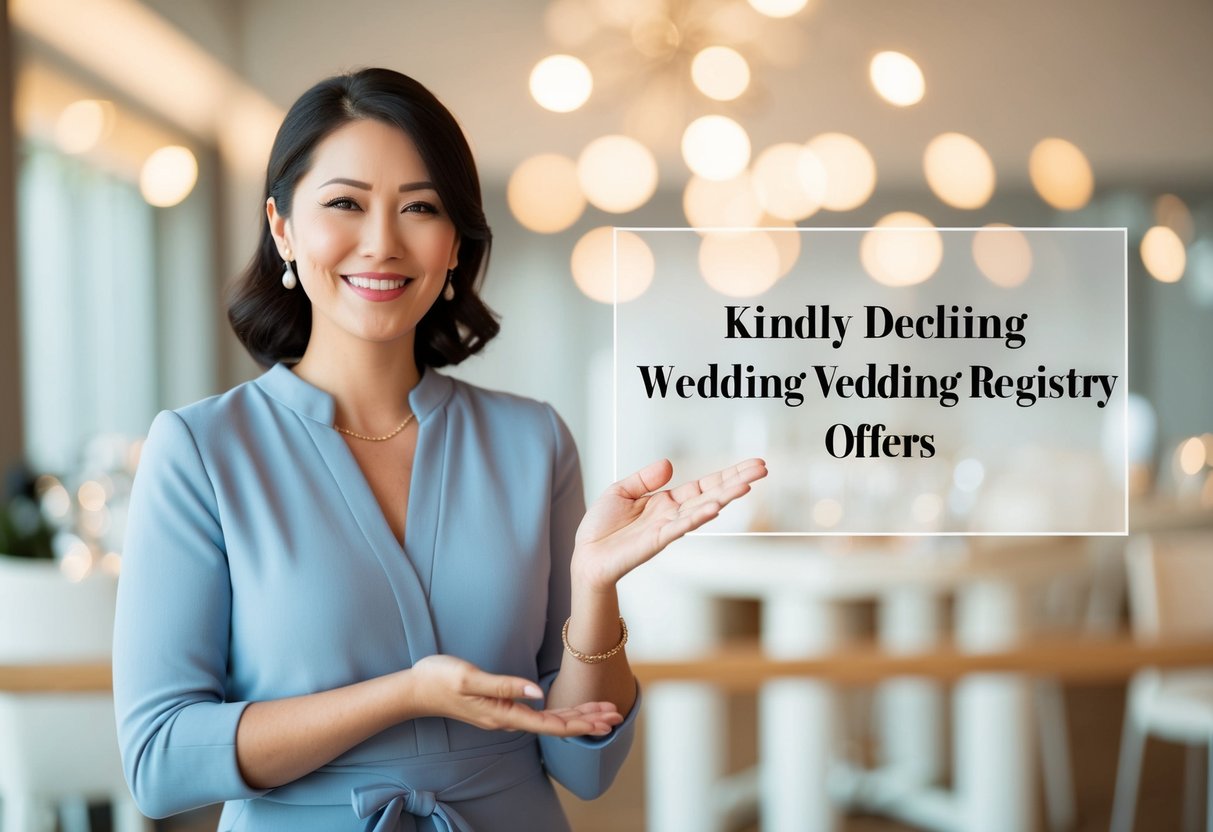A person kindly declining wedding registry offers, with a smile and a gentle hand gesture