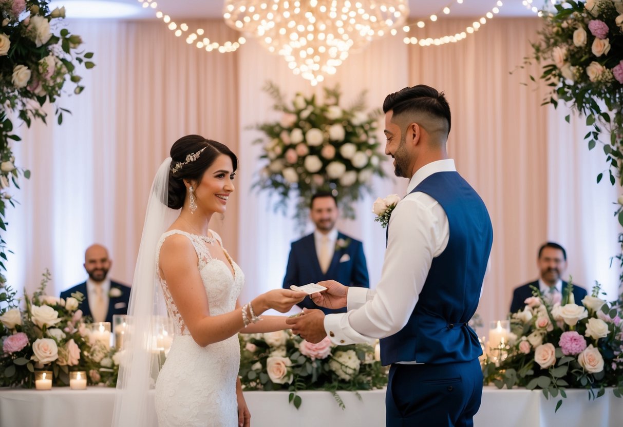 A beautifully decorated wedding reception with a bride handing over a payment to a vendor, surrounded by elegant floral arrangements and twinkling lights