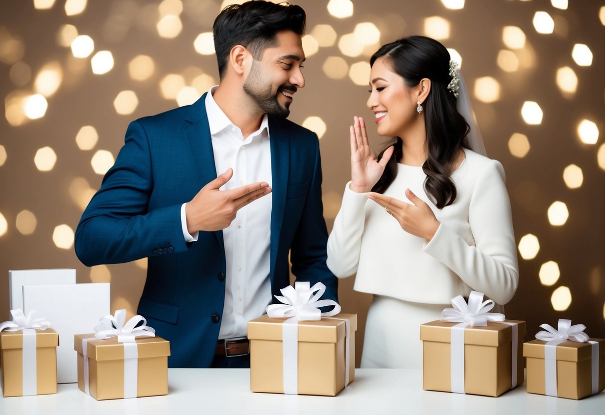 A couple gestures politely declining gift boxes, surrounded by wedding website setup materials