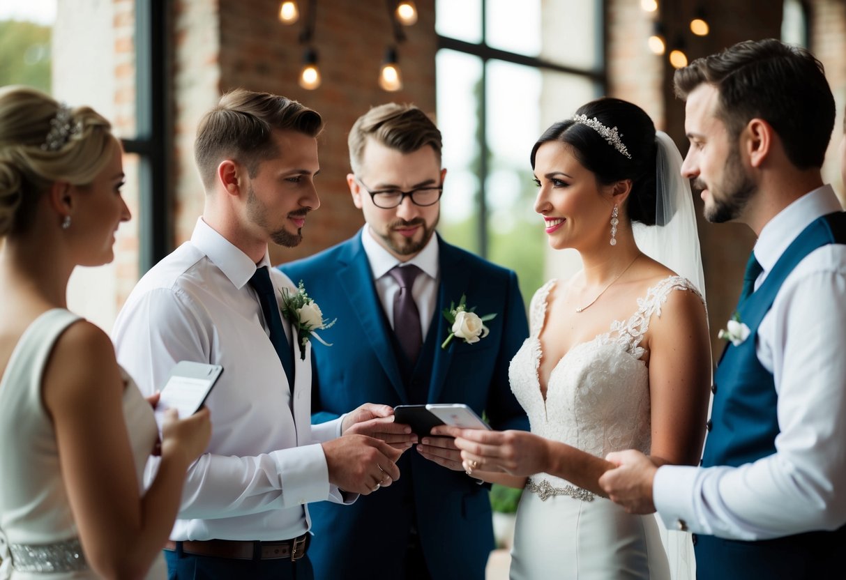 A bride and a group of wedding professionals discussing payment and services