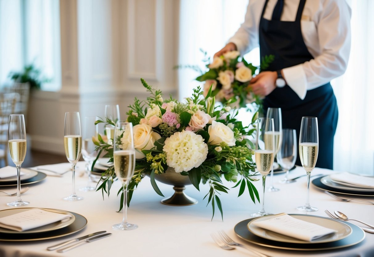 A table set with an elegant floral centerpiece surrounded by place settings and champagne flutes. A florist arranges a bouquet in the background