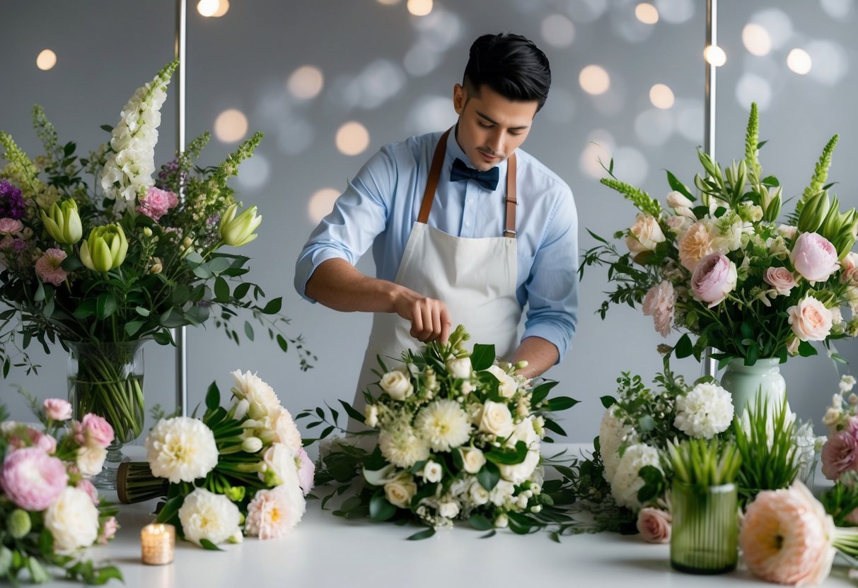 A florist arranging wedding flowers in a studio, surrounded by various blooms and greenery, carefully selecting and arranging them into elegant bouquets and centerpieces