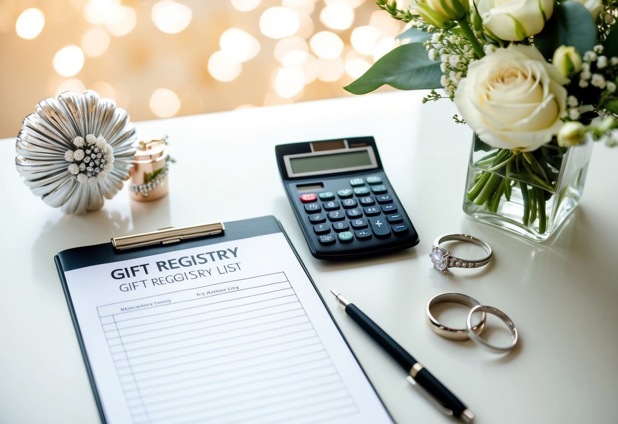A table with a gift registry list, a calculator, and various wedding-themed items like flowers and rings
