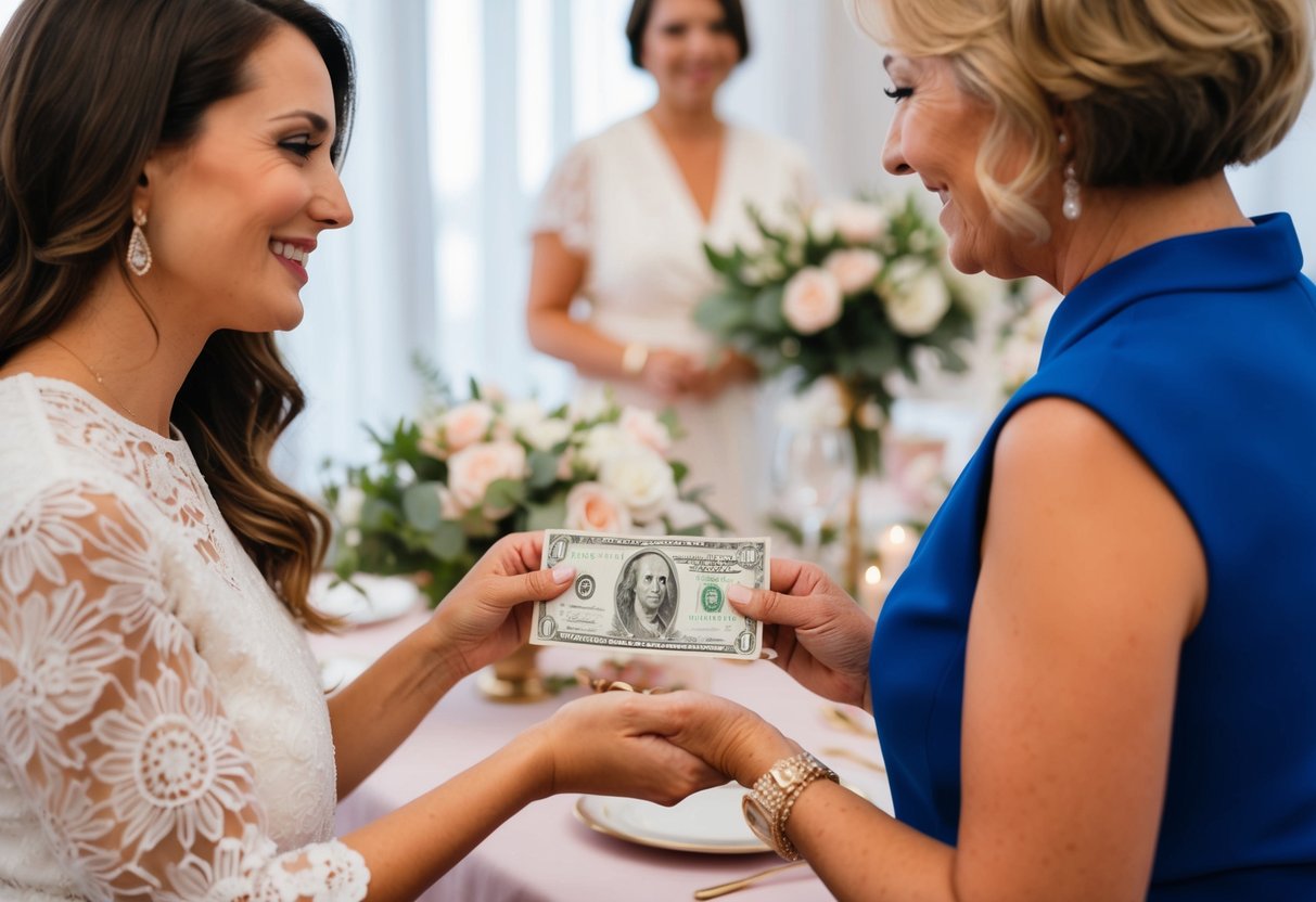 A woman places money in a decorative envelope and hands it to another woman at a bridal shower