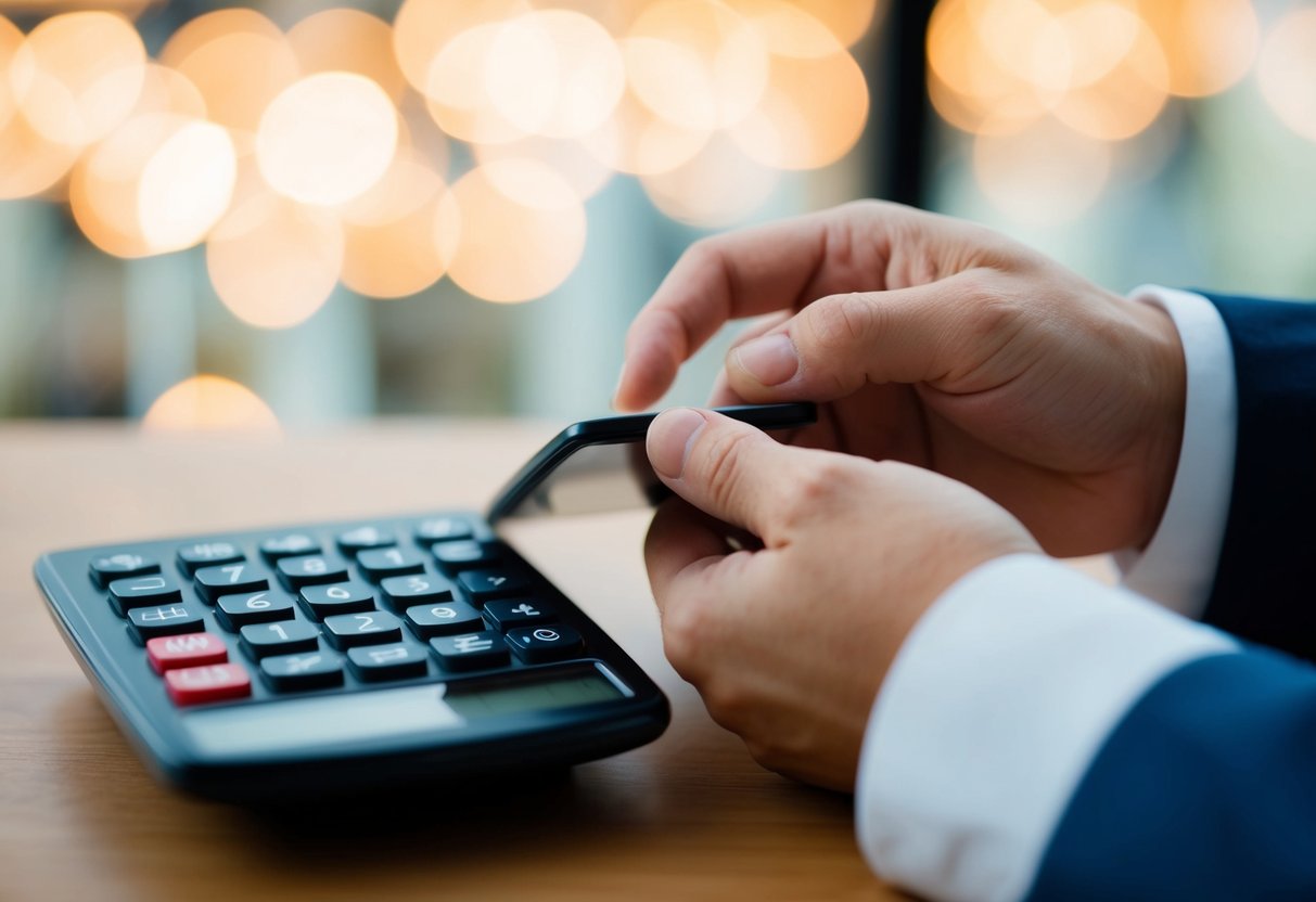 A person using a calculator to determine the appropriate amount for a wedding gift